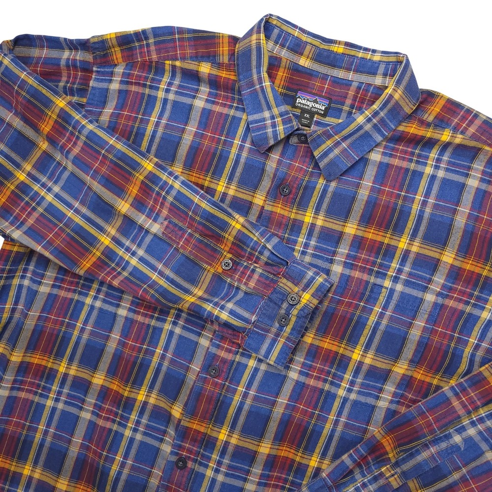 Patagonia Shirt Mens 2XL Blue Plaid Long Sleeve Button Up Organic Cotton Casual